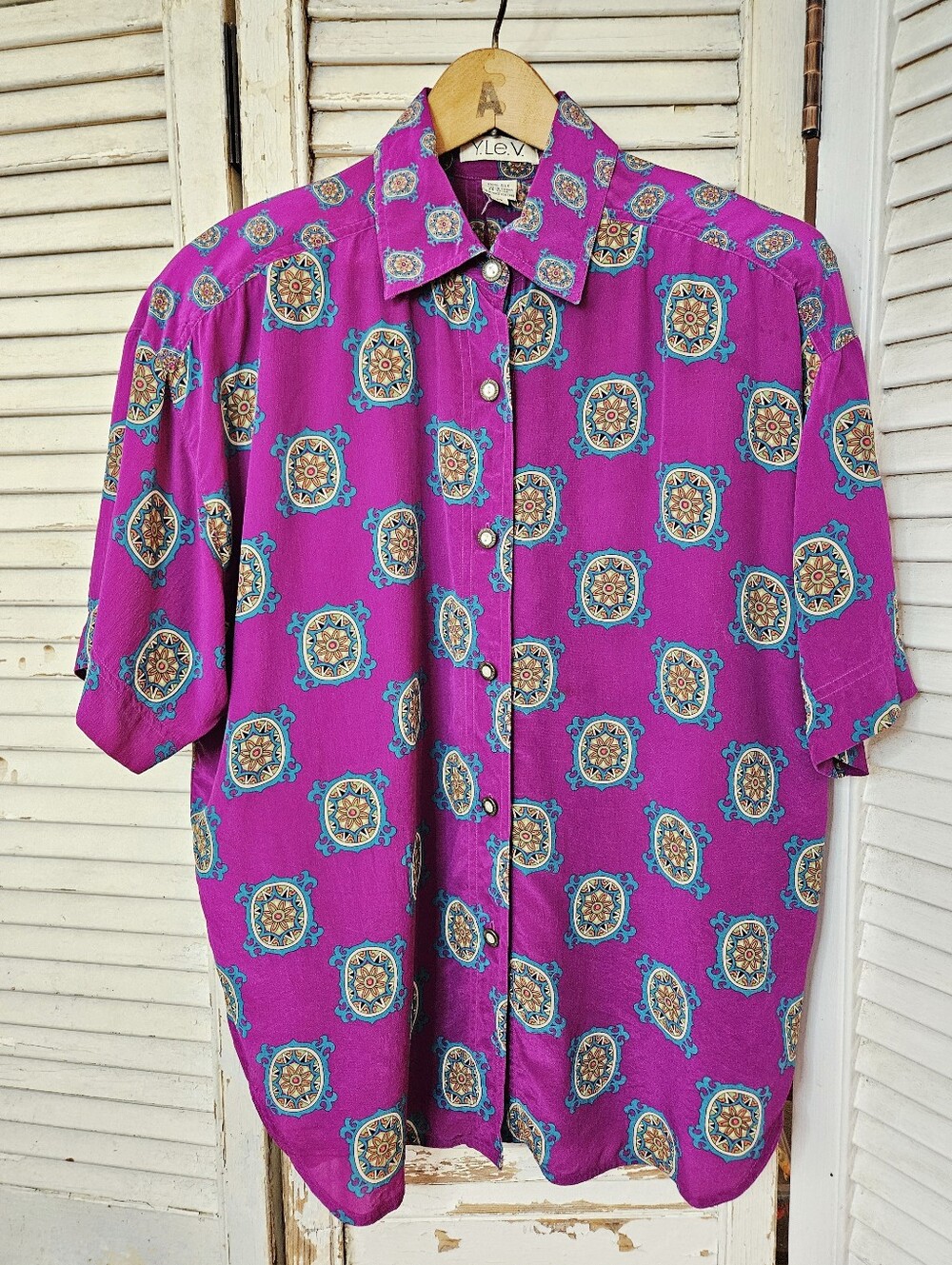 Vintage 90s 100% Silk Patterned Short Sleeve Blouse Size 12/Large